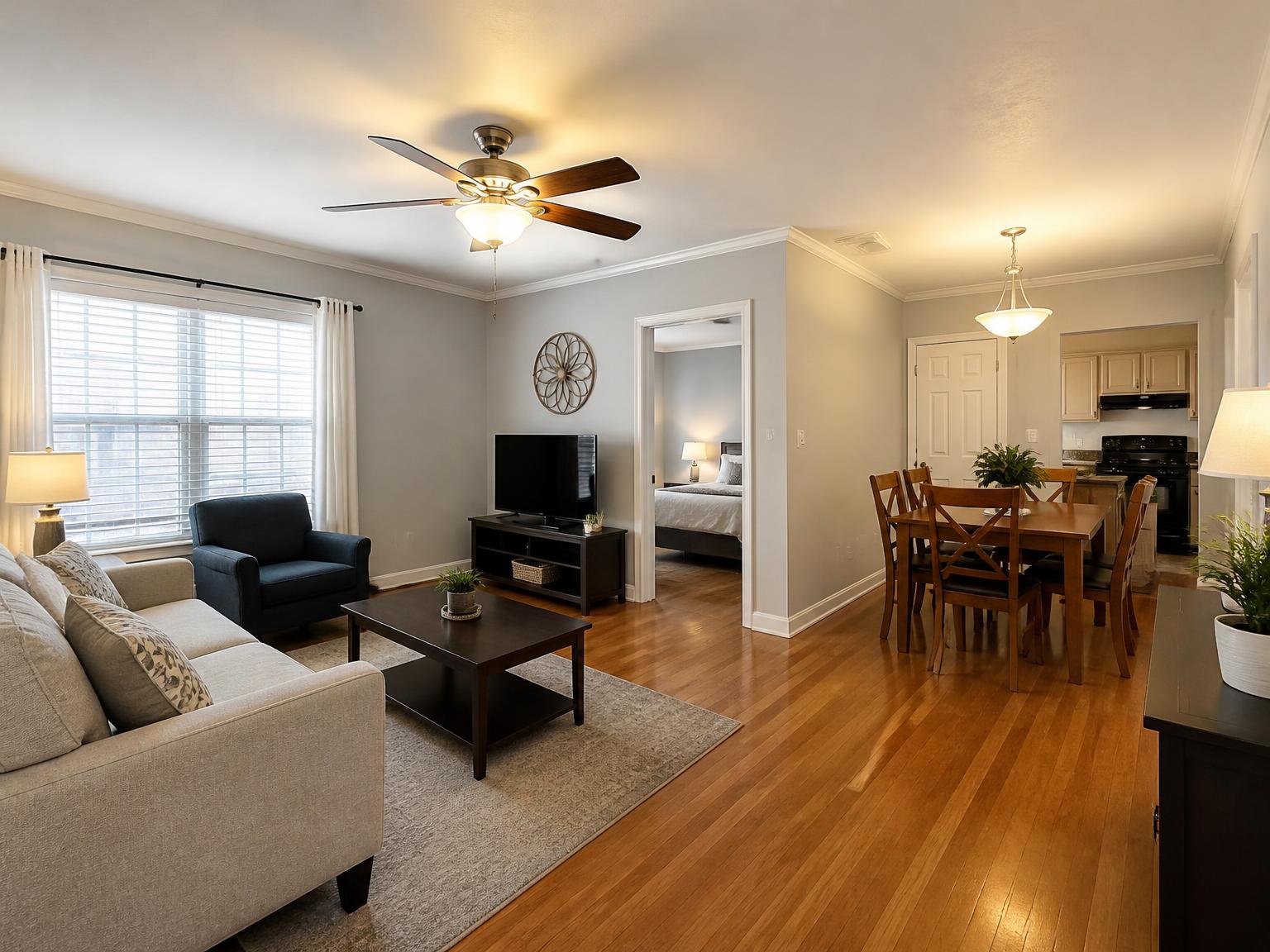 Representative furnished apartment with a sofa, coffee table and dining area