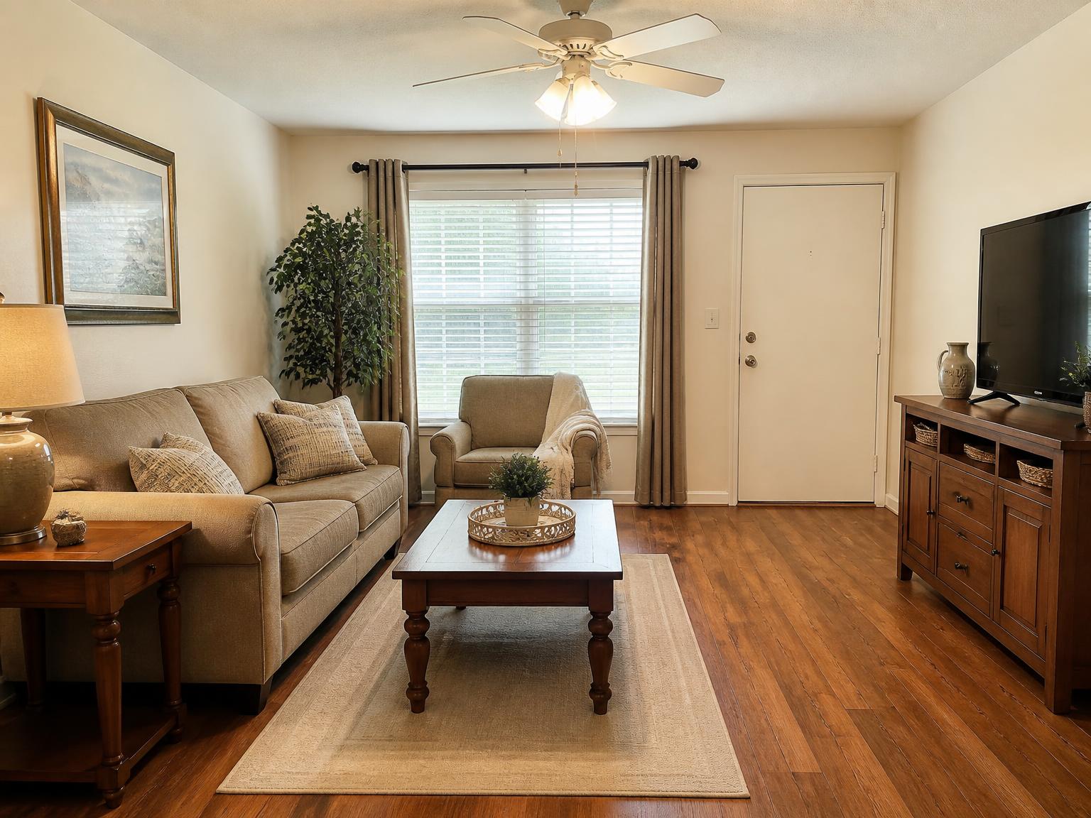 Representative warm one-bedroom apartment living room with wood flooring and natural daylight